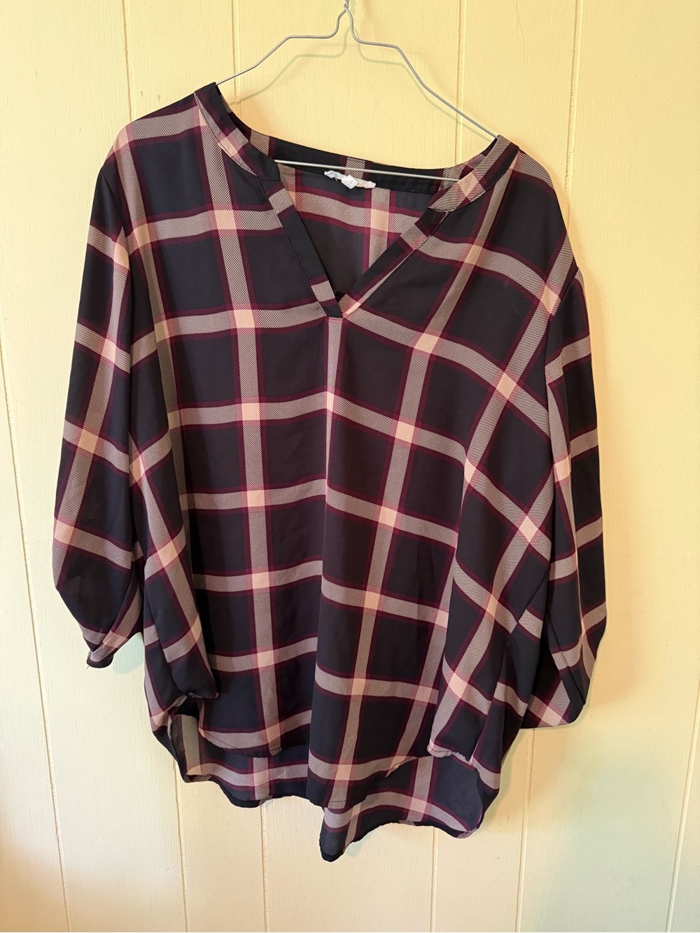 Womens Plaid V-Neck Blouse - Black and Pink